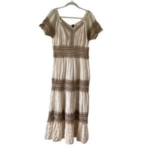 ME 2 Magic Maxi Dress‎ Cream Embroidered Eyelet Smocked Waist Boho Festival